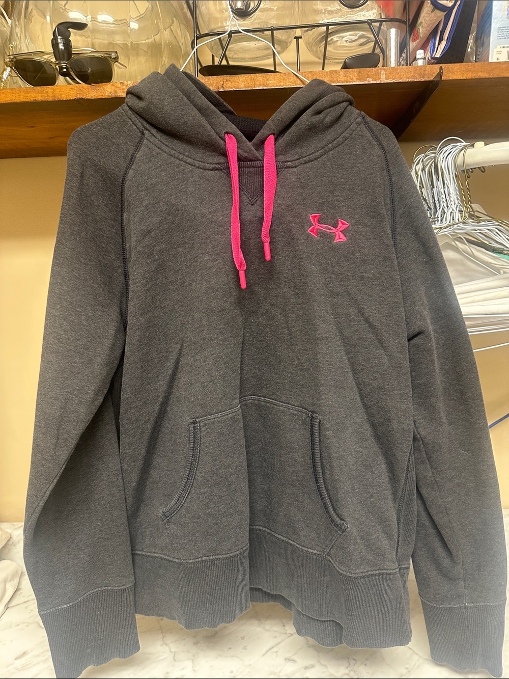 Under Armour Dark Charcoal Hoodie with Bright Pink Logo and Drawstrings